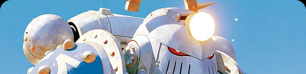 Friendly robots against a bright blue sky